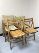 A pair of folding beech kitchen chairs and two director's chairs