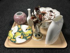 A tray of Capo di Monte figure of a soldier, gilded comport, two Royal Doulton Impressions vases,