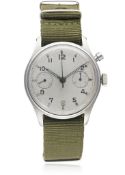 A GENTLEMAN'S STAINLESS STEEL BRITISH MILITARY LEMANIA SINGLE BUTTON CHRONOGRAPH WRIST WATCH CIRCA