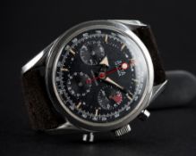 A RARE GENTLEMAN'S STAINLESS STEEL ALSTA CHRONOGRAPH WRIST WATCH CIRCA 1960s D: Black dial with