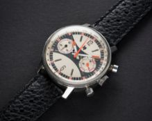 A RARE GENTLEMAN'S LARGE SIZE STAINLESS STEEL LIP CHRONOGRAPH WRIST WATCH CIRCA 1970 D: Silver &