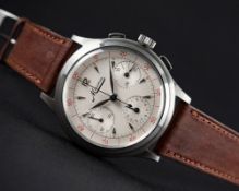 A RARE GENTLEMAN'S STAINLESS STEEL MINERVA DECIMAL CHRONOGRAPH WRIST WATCH CIRCA 1950s D: Silver