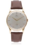 A GENTLEMAN'S LARGE SIZE 18K SOLID PINK GOLD OMEGA WRIST WATCH CIRCA 1950 D: Brushed silver dial