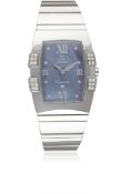 A LADIES STAINLESS STEEL & DIAMOND OMEGA CONSTELLATION QUADRELLA BRACELET WATCH CIRCA 1999, REF.