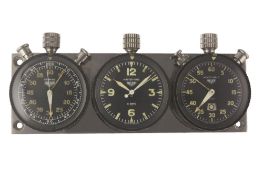 A RARE HEUER TRIPLE DASHBOARD SET CIRCA 1960s, CONSISTING OF A SEBRING 60 MINUTE SPLIT SECONDS