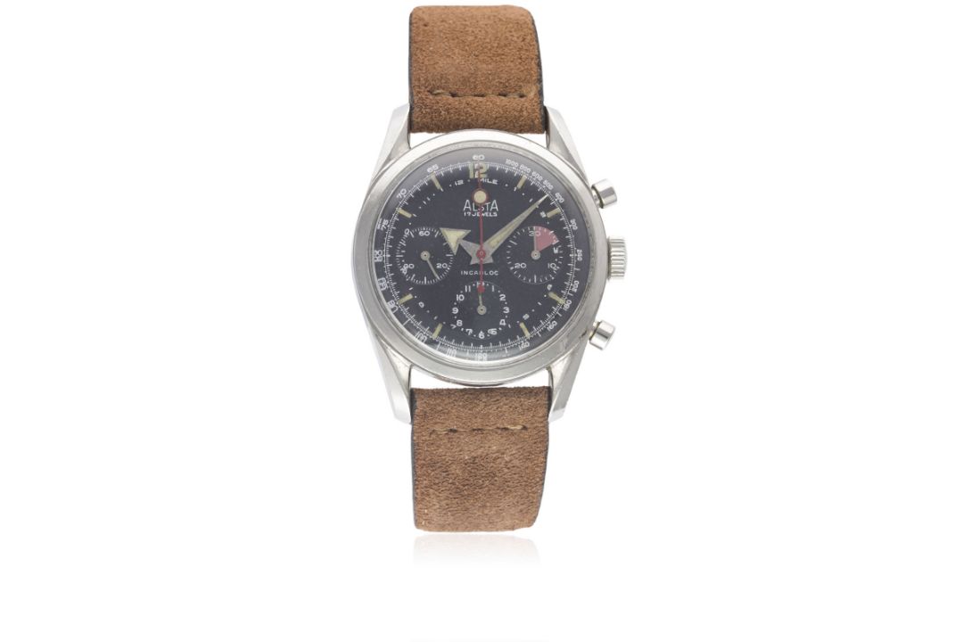 A RARE GENTLEMAN'S STAINLESS STEEL ALSTA CHRONOGRAPH WRIST WATCH CIRCA 1960s, WITH "BROAD ARROW" - Image 2 of 11