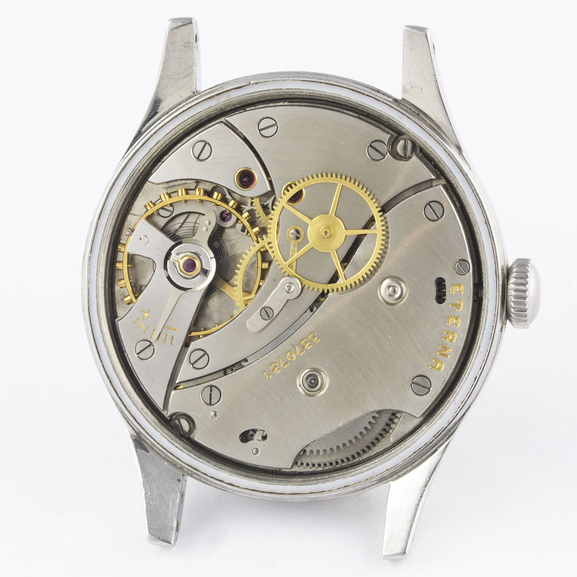 A GENTLEMAN'S LARGE SIZE STAINLESS STEEL ETERNA WRIST WATCH CIRCA 1940s, WITH TWO TONE SILVER DIAL - Image 7 of 10
