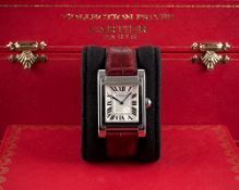 A FINE GENTLEMAN'S PLATINUM CARTIER TANK À VIS MECANIQUE WRIST WATCH DATED 2001, REF. 2485 D WITH