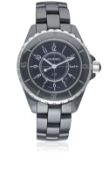 A MID SIZE BLACK CERAMIC CHANEL J12 BRACELET WATCH DATED 2008, REF. H0682 WITH BOX & PAPERS