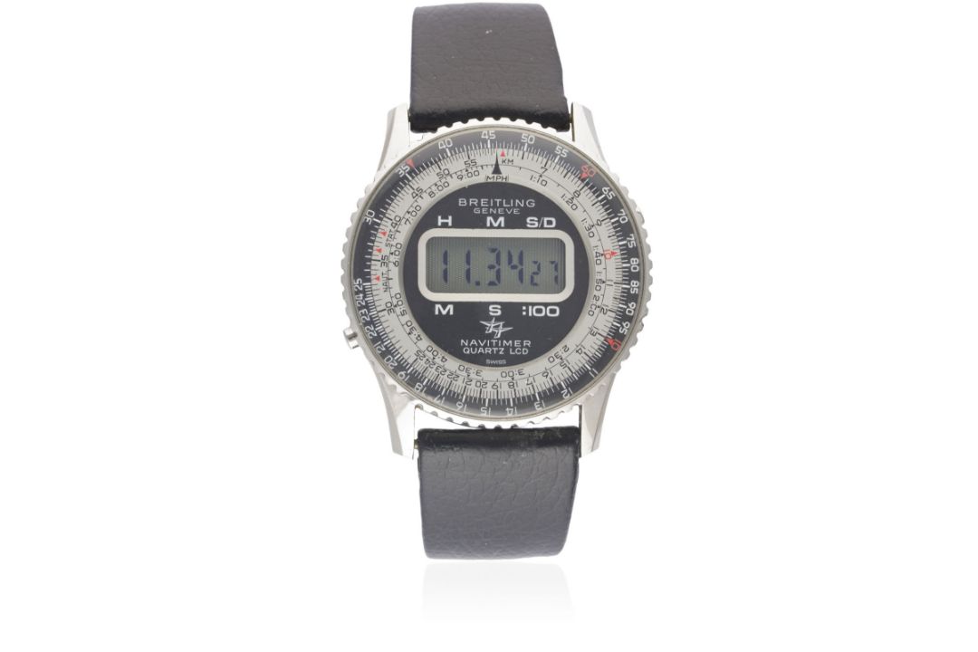 A RARE GENTLEMAN'S STAINLESS STEEL BREITLING NAVITIMER QUARTZ LCD WRIST WATCH CIRCA 1977, REF.