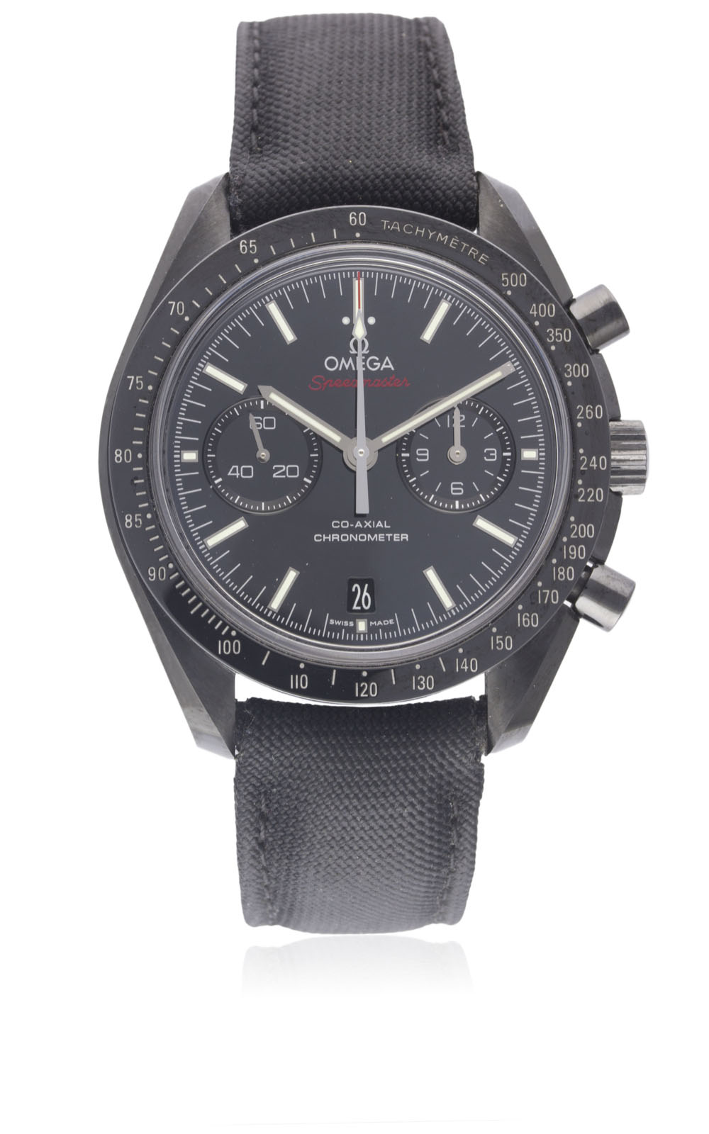 A GENTLEMAN'S BLACK CERAMIC OMEGA SPEEDMASTER "DARK SIDE OF THE MOON" CO AXIAL CHRONOMETER