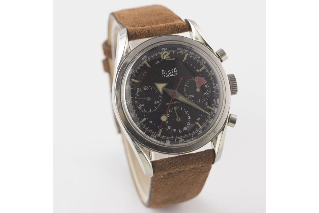 A RARE GENTLEMAN'S STAINLESS STEEL ALSTA CHRONOGRAPH WRIST WATCH CIRCA 1960s, WITH "BROAD ARROW" - Image 6 of 11