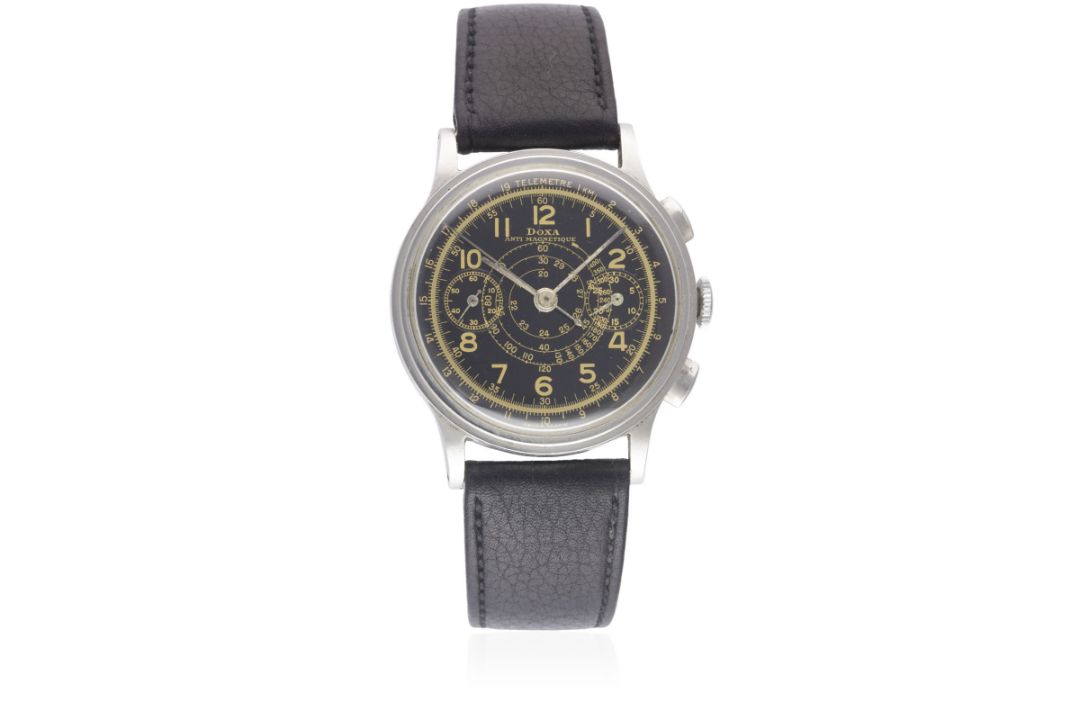 A RARE GENTLEMAN'S LARGE SIZE STAINLESS STEEL DOXA CHRONOGRAPH WRIST WATCH CIRCA 1940s, WITH GLOSS - Image 2 of 11
