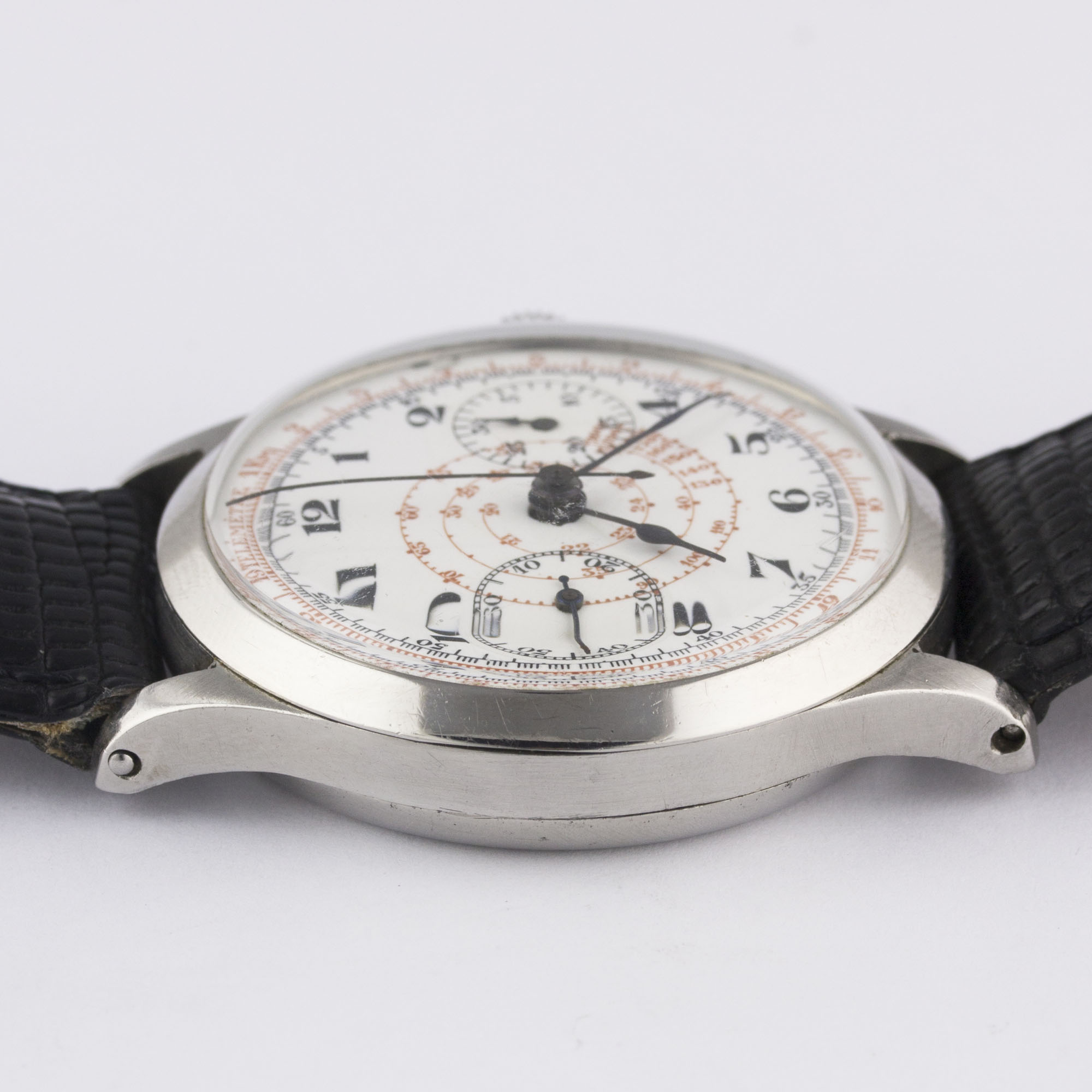 A GENTLEMAN'S LARGE SIZE STAINLESS STEEL SINGLE BUTTON CHRONOGRAPH WRIST WATCH CIRCA 1930s, WITH - Image 10 of 10