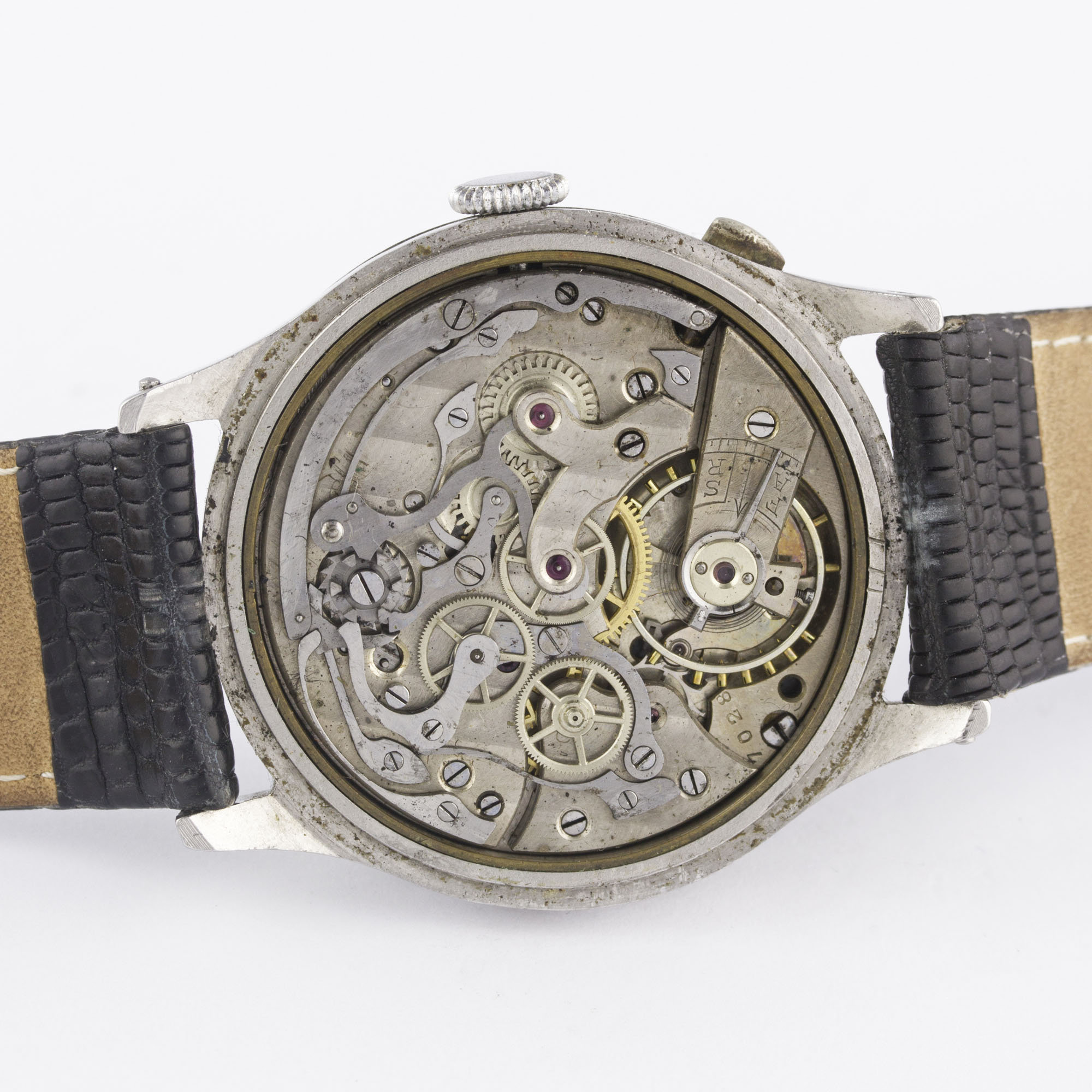 A GENTLEMAN'S LARGE SIZE STAINLESS STEEL SINGLE BUTTON CHRONOGRAPH WRIST WATCH CIRCA 1930s, WITH - Image 7 of 10