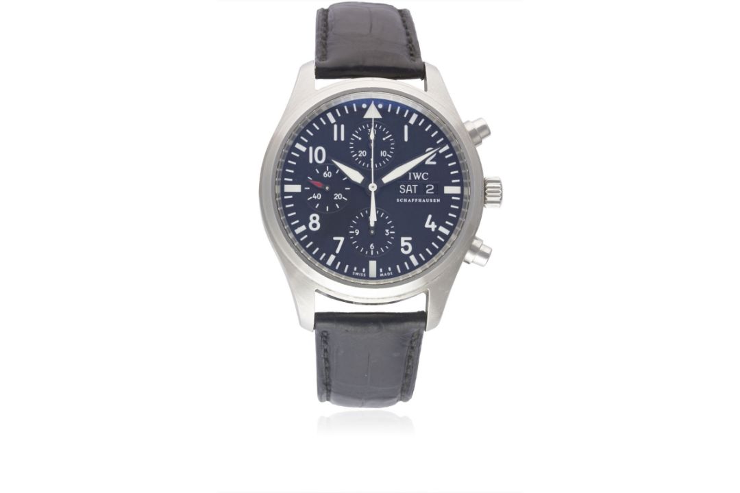 A GENTLEMAN'S STAINLESS STEEL IWC FLIEGERUHR AUTOMATIC CHRONOGRAPH WRIST WATCH DATED 2006, REF.
