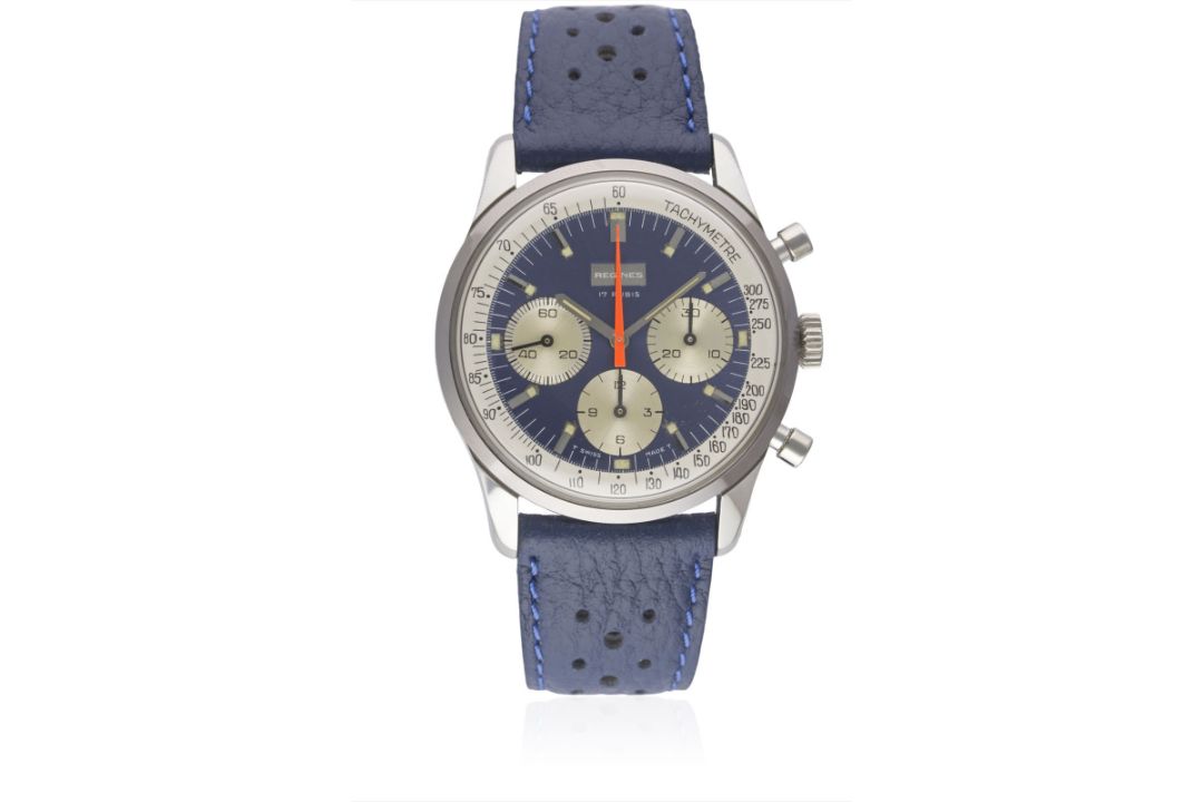 A GENTLEMAN'S STAINLESS STEEL REGINES "SHERPA GRAPH" CHRONOGRAPH WRIST WATCH CIRCA 1970 Movement: