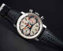 A RARE GENTLEMAN'S LARGE SIZE STAINLESS STEEL LIP CHRONOGRAPH WRIST WATCH CIRCA 1970, WITH 