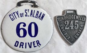 Pre-1935 bus driver's LICENCE BADGES from City of St Alban, no 60, enamel, single-sided and from