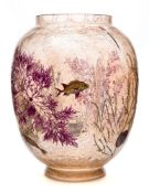 A Moser amber crackled glass vase: of shaped globular form, enamelled with a crab,