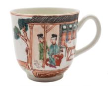 A First Period Worcester coffee cup: painted in Mandarin style with two ladies and a child on a