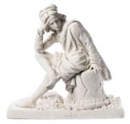 A 19th century Parian porcelain figure of Hamlet: modelled seated on a fractured pillar with one