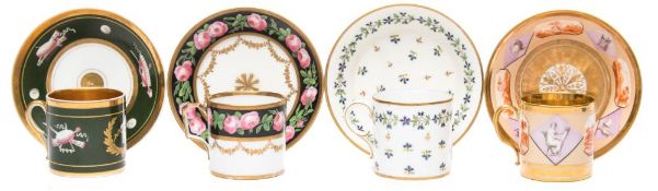 A group of four early 19th century Paris porcelain coffee cans and saucers: the first painted with
