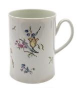 A First Period Worcester mug: of cylindrical form with gently flared base and rim,