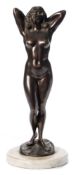 Gyula Maugsch (1882 - 1946) bronze figure of a nude woman: stretching whilst running her hands