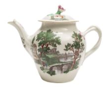 A First Period Worcester teapot and cover: of baluster shape with flower finial and entwined branch