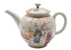 A Lowestoft teapot and cover: of globular form with flower finial,