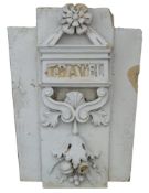 Monumental Historical carved Keystone: with rectangular foliate decorated plaque entitled