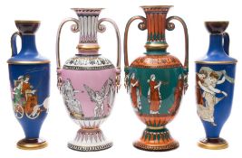 Two Samual Alcock porcelain neo-classical vases and a pair of ewers: the vases printed and painted