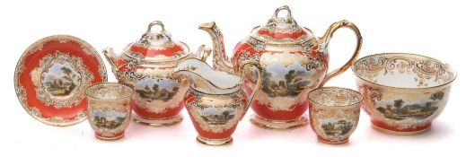 A Ridgway orange ground topographical porcelain part tea service: painted with castles,