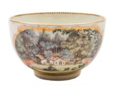 A First Period Worcester tea cup: probably painted in the workshops of James Giles with a thatched