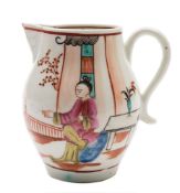 A Lowestoft sparrow beak jug: painted in Mandarin style with a seated female figure and a boy by a