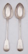 A pair of George IV silver fiddle pattern serving spoons, maker Charles Boynton I, London,