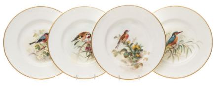 Four Royal Worcester cabinet plates painted by William Powell: each enamelled with ornithological