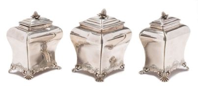 A set of three George II tea caddies, maker Pierre Gillois, London 1754/55/56: of bombe outline,