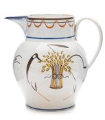 An early 19th century pearlware jug: decorated in Pratt colours with farming implements and a