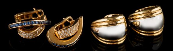 A pair of gold, sapphire and diamond stud/clip earrings: with French control marks,