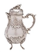 A Continental silver chocolate pot, bears import marks for London, 1893: of baluster form,