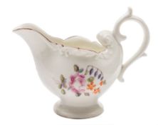 A Derby 'Dolphin Ewer' sauceboat: painted with floral sprays and sprigs, brown line rim, circa 1770,