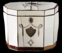 A 19th century ivory, tortoiseshell and mother-of-pearl inlaid tea caddy: of lozenge-shaped outline,