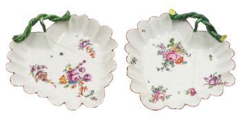 A pair of Longton Hall dessert dishes: in the form of overlapping leaves with green entwined twig