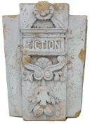 Monumental Historical carved Keystone: with rectangular foliate decorated plaque entitled