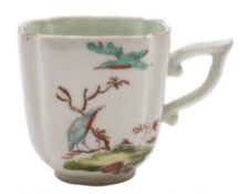 An early Derby coffee cup: of square section with lobed corners and wishbone handle,
