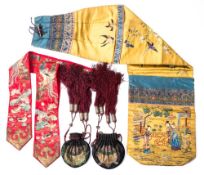 A group of Chinese embroidery: including two small pouches decorated with vases to a black ground
