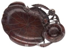 A Chinese carved bowl: decorated with a crab and shrimp resting on a lily leaf and flower, 32cm.