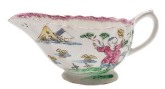 A Bow creamboat: of fluted form, painted in Mandarin style with dancing figures in lake landscapes,